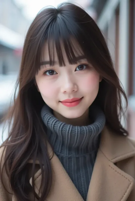  best quality, girl , smile, dark brown long hair、、Pretty face 、 Japanese、 white skin、round face、 has bangs、Real just like the picture 、Picture above the shoulder 、Face like an idol 、Winter clothes、160 cm tall 、Slender legs、 best image quality、human
