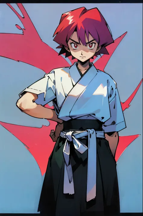 by Ken Sugimori, sugimori 1990s, ((only 1guy)), martial artist, ((hands behind their back)), full black pupils, manga, best quality, highly detailed, clean lines, cowboy shot, good hands, good eyes, hd, 8k, professional, symmetrical, hires, 8k,