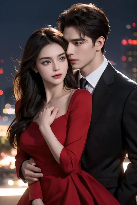 Modern. Black suit man wear and dominant. man hugs woman from behind,  Elegant couple, masculie man and beautiful girl. intimate pose, face to face hugging position , look at each other affectionately , woman wearing a red dress with a man holding the woma...