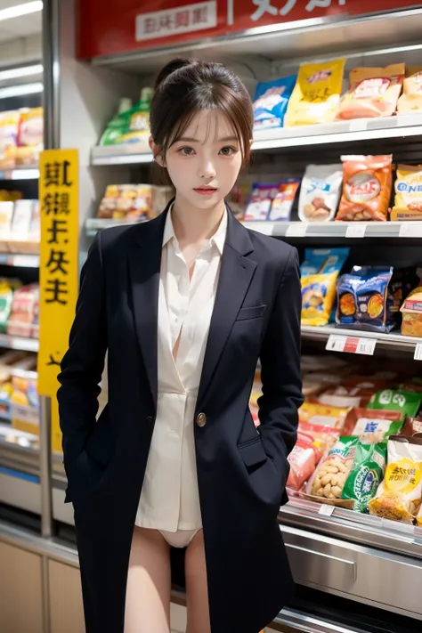 A woman in a suit is inside a convenience store。I'm of Asian descent 。No nudity is revealed。