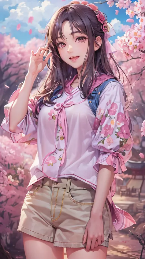  8k resolution,  surreal,  very detailed,  High Quality , perfect anatomy, ( girl : 1.1),  girl 1名,  Beautiful Japanese Women,18 years old, ,  detailed face,  long hair, ( Face Details ),(Full body high definition image), ( pink shirt and denim ), ( camelt...