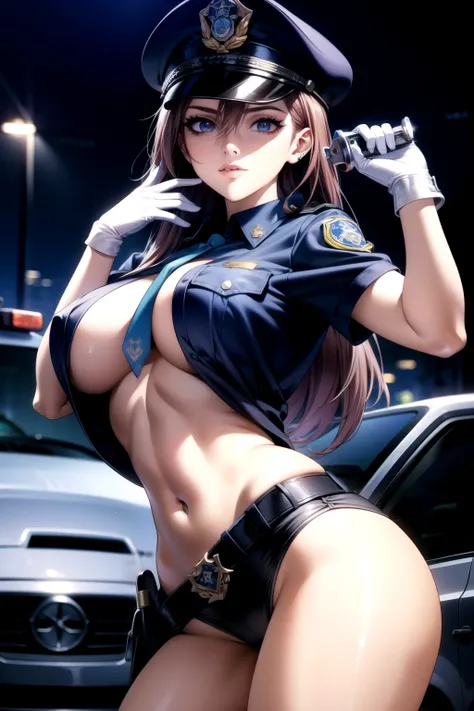 (((  dynamic image)))、(( impactful image ))、((( Best quality face)))、Masterpiece、  high resolution、8k highest quality、  Realistic Details  、 Female 1 person 、  long dark hair、  silky hair、Brown piercing eyes、  charming eyes、police officer、police officerの制服...