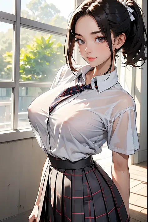 ((Female Class Student )), (( best quality)),  clear , Photo style, ((Shorten your head, Reduce the volume of your hair,  long, slender eyes, Hazel Eyes, round face, Thin eyebrows,  big breasts, Thin torso , Strong thighs,  big hips,  white skin)), ((dark ...