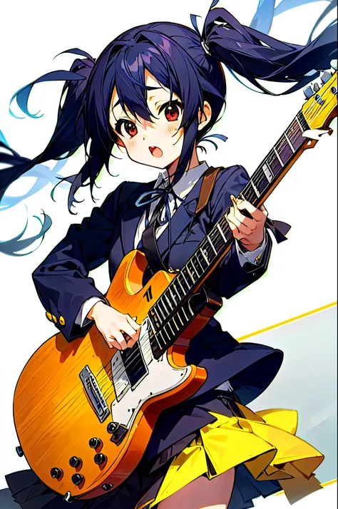 formula wallpaper、 1 girl、K-ON!!Nakano Azusa、 is standing、 twin tails、 has a guitar、 hair is fluttering in the wind、 simple background