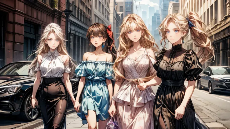 Six beautiful women's (Bhind them six cars parked) they are walking towards to viewer.Long Hair, Brown Hair,Blonde Hair, Ribbon, Red Eyes, Blue Hair, Purple Eyes, Hair Ribbon, Yellow Eyes, Ponytail, Earrings, Breasts, Looking at viewer, White Hair, Red Hai...