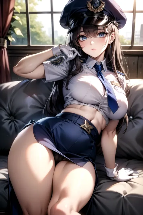 (((  dynamic image)))、(( impactful image ))、((( Best quality face)))、Masterpiece、  high resolution、8k highest quality、  Realistic Details  、 Female 1 person 、  long dark hair、  silky hair、Brown piercing eyes、  charming eyes、police officer、police officerの制服...