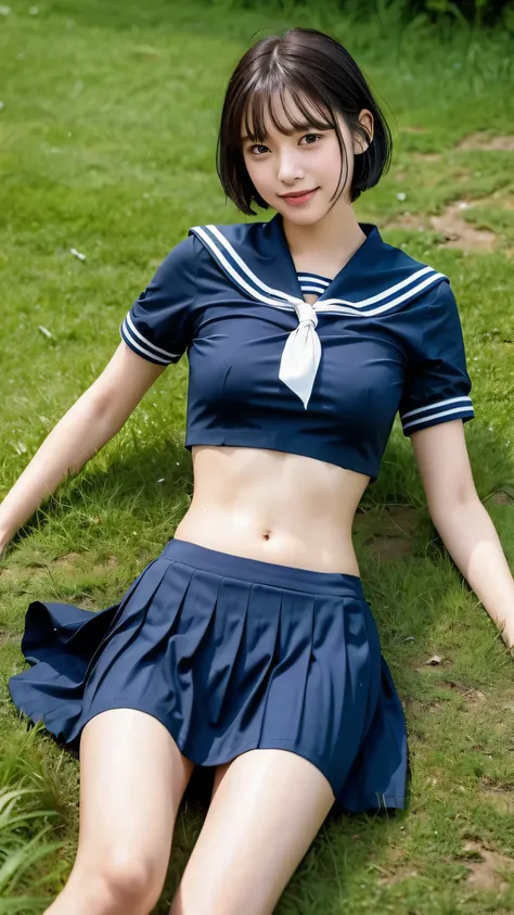 girl lying rural field,cumulonimbus cloud in summer blue sky, sailor shirt and navy blue pleated mini-skirt,,18-year-old,bangs,a little smile,navel, thighs,knees,wet short hair with with bob,lying on the grass, from beside,front light, watch my camera, win...