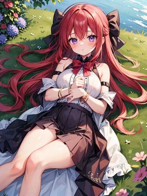 Highly detailed, high quality, masterpiece, beautiful, (all photo shooting), girl student girl, perfect eyes, purple eyes, clear eyes, blushing face, lying down, big thighs, medium breast, long hair, red hair, with bracelet in hand, bow in hair, with headb...