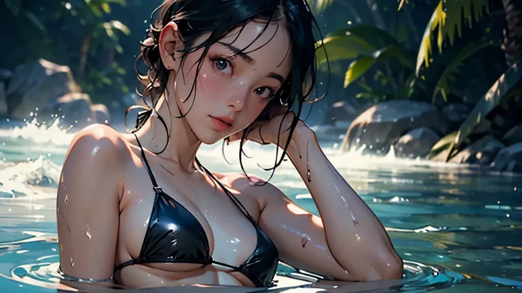   top quality ,   Masterpiece  ,   Ultra Fine, ( Photorealistic : 1.4),   RAW photo ,   1 girl,    black hair,  growing skin,   wet body,    dramatic lighting, whole body, ( bikini), 