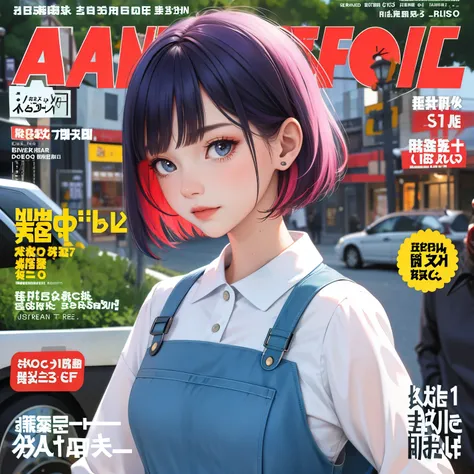  masterpiece,  High quality, , colored hair, open air,  magazine cover , upper body,Short haired girl