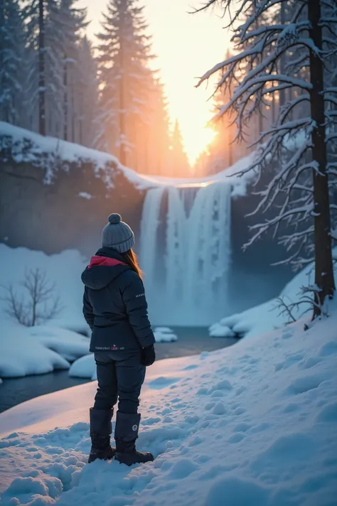 Make a super realistic, best qulity, and high resolution (8k) and detailed photo of a woman in a snow suit and boots in the snow staring at a frozen waterfall in the woods surrounded by big trees with a pretty foggy sunset 