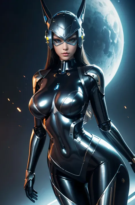 Robot tall slender but curvy cyborg girl, her body is shapely and sexually satisfying but her skin is made of shiny segmented metal, her eyes are beautiful and intense and glow with artificial light,  her metal breasts are large and heavy saggy clingy, her...