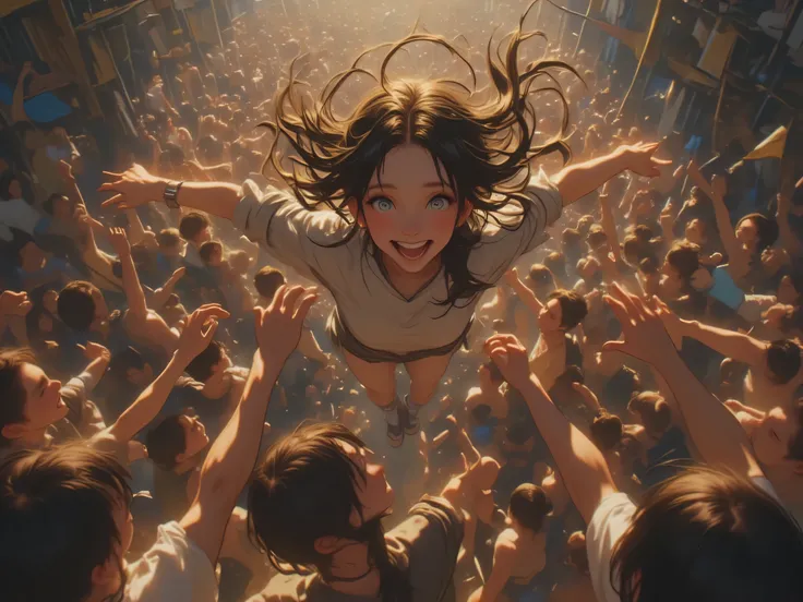 aerial view, a splendid young girl is carried by a crowd (stage diving) she is crazy with happiness BREAK/masterpiece, best quality, lighting, fast shutter speed, very realistic hands, anatomically accurate representation, Unique, 8k, implies absurd, ultra...