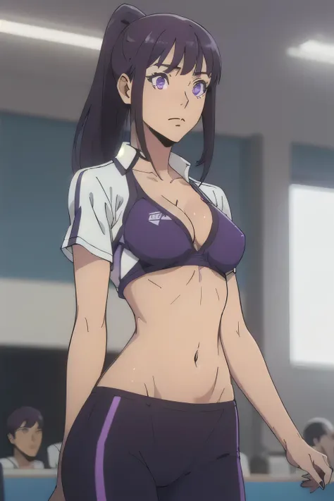 1 girl in, age18, photo of Sung Jinha, Solo Levelling Waifu, photo of perfect woman, Solo, Aesthetic artwork, (long hair, straight purple hair, long ponytail, dark purple hair, bangs: 1.25), (violet eyes, clear skin, fare skin, small breasts, B-cup, runner...