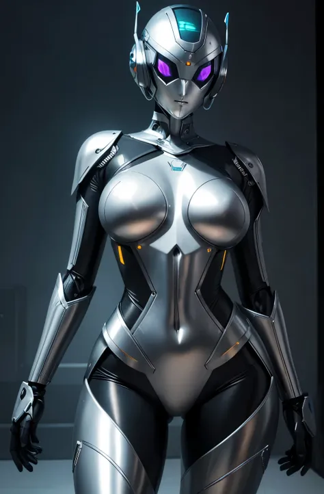 Robot tall slender but curvy cyborg girl, her body is shapely and sexually satisfying but her skin is made of shiny segmented metal, her eyes are beautiful and intense and glow with artificial light,  her metal breasts are large and heavy saggy clingy, her...