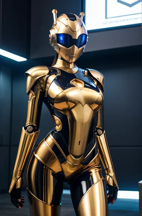 Robot tall slender but curvy cyborg girl, her body is shapely and sexually satisfying but her skin is made of shiny segmented metal, her eyes are beautiful and intense and glow with artificial light,  her metal breasts are large and heavy saggy clingy, her...