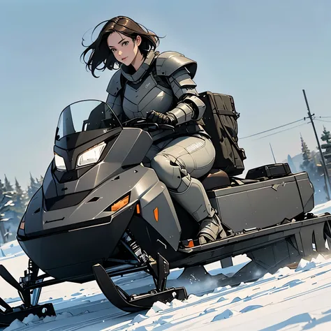 nsfw, (sketch, traditional media:1.2), very long shot, perfect anatomy proportion body,  action,  Dynamic composition with a sense of speed and dynamism, (Ride a heavy armored military snowmobile:1.6),  a woman with sex appeal, 40 years old, perfect beauti...