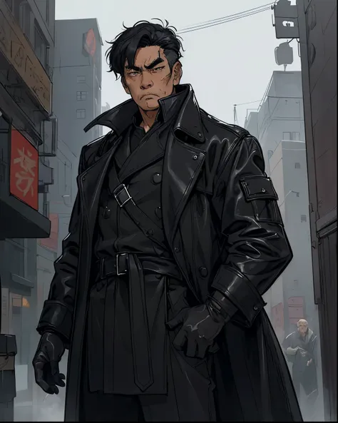 appearance: Middle aged Asian man ,  with messy black hair and some gray hair .  His face shows signs of tiredness ,  with deep dark circles and a serious but thoughtful look .  He wears a black trench coat fitted to the modern detective style , with some ...