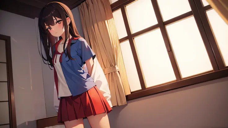 Top quality, soft light, super high resolution, One Japanese girl, Cute, (Shy smile: 0.5), Dark eyes, Long brown hair, Standing in a love hotel room, Light blue henley shirt, Blue suede skirt, Short white socks. Red manacles on her wrists, red shackles on ...