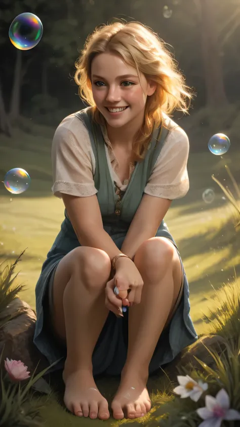 halfling, , 1child, 1teen, short stature, pointed ears, big eyes, big feet, halfling, blond hair, green eyes, pale body skin, joyfully blowing soap bubbles, sunny meadow, bright happy smile, round cheeks glowing with excitement, simple colorful clothes, ro...