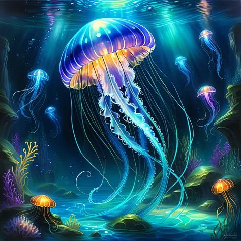 Create an epic fantasy RPG painting of a Medieval floating bioluminescent jellyfish, underwater mythologycal creature, floating, Medieval bioluminescent jellyfish, Midjourney effect, LoL Arcane style, hand painted, harmoniously blending 2D and 3D styles, w...