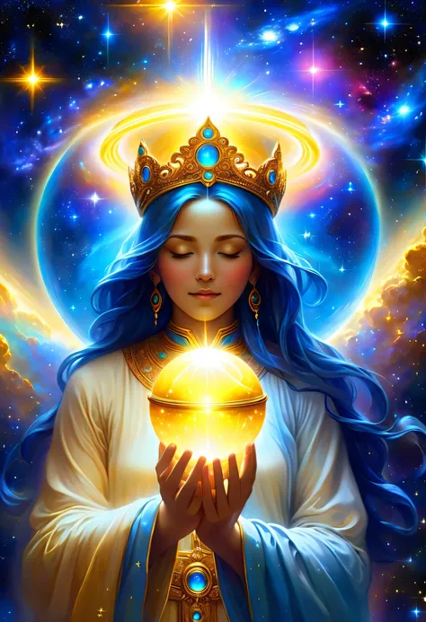 A radiant divine figure made of light, with a brilliant blue halo around its head, its face bowed, its eyes closed in awe as if in prayer. The figure holds a glowing orb in its hand, emitting a brilliant blue and yellow light. The background is a cosmic sc...