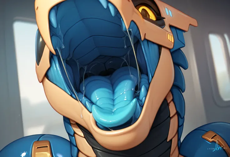 Interior of a maw, blue maw, gullet visible, mouth open, synth \(vader-san\), robot:1.2, yellow exterior, yellow eyes, black chest, mouth shot, close view, blue tongue, saliva, glistening