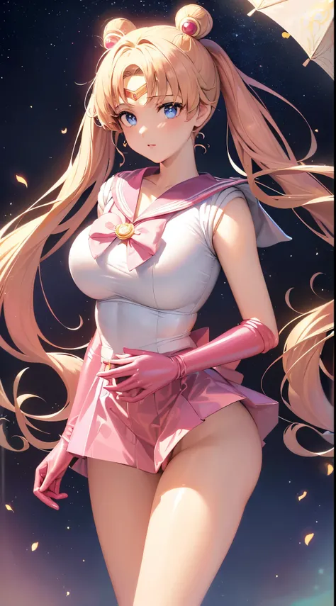 ( best quality:1.4),  high resolution, Masterpiece, 4K,  more details,  intricate details,  Tsukino Usagi , Blonde, blue eyes, (pink latex sailor uniform:1.4), ( Pink Latex Skirt :1.4), （The white panty panties are visible:1.6）、 big breasts,  beautiful bre...