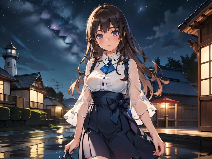    light brown hair straight  long hair　  brown eyes　Blue dress 　rain　 is standing　Look up at the standing sky　shed tears　Laughter泣き　Beautiful Tears　Shining Tears　smile　1 smiling girl ,     high resolution,    tea hair,   very long hair , rain,   wet ,  bi...