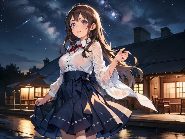    light brown hair straight  long hair　  brown eyes　Blue dress 　rain　 is standing　Look up at the standing sky　shed tears　Laughter泣き　Beautiful Tears　Shining Tears　smile　1 smiling girl ,     high resolution,    tea hair,   very long hair , rain,   wet ,  bi...