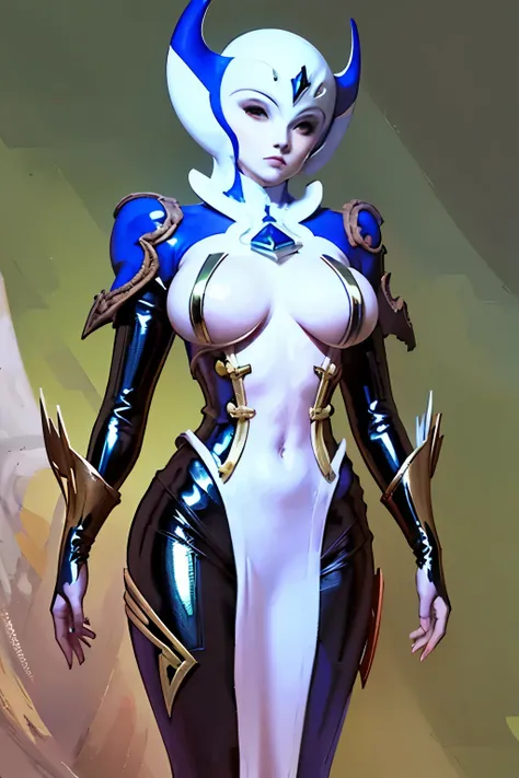 painting of a woman in a latex blue suit with a breast made of polished chrome gold, finished concept art, senior concept artist, orca priestess,  colorful concept art, colored concept art, artstation painting, zelda style art, painted as a game concept ar...