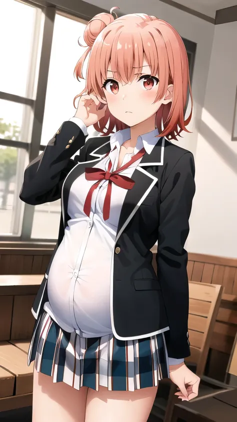 masterpiece, best quality, highres, aayui, short hair, single hair bun, red eyes, breasts, collarbone, neck ribbon, white shirt, dress shirt, blazer, black jacket, open jacket, long sleeves, plaid skirt, frown, hand on hip, standing, cowboy shot, indoors, ...