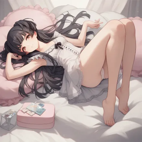 (masterpiece),(best quality),(ultra detailed),illustration,1girl,solo,full body,(mayuzumi_fuyuko),dark hair,blunt bangs,brown eyes,mini two side up,long hair,(white lace short nightgown:1.1),(lace frill:1.2),(white panties:1.1)