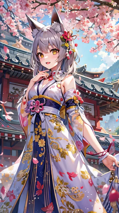 Masterpiece,  best quality ,  1 girl,  yellow eyes,   medium hair with visible tattoos , stage, cherry blossoms, temple,  fox girl,   detach sleeve,  animal ears ,  happy,  shiny dress ,