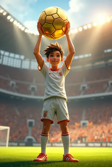 an animated boy playing soccer in a stadium and the sky with a United States flag