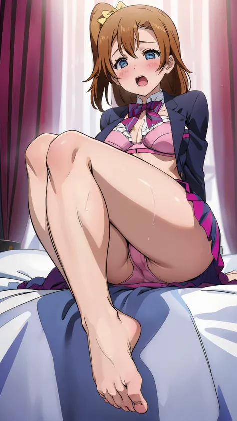  Takasaka Honoka 、 Beautiful Woman、cry、 blazer uniform、  very short pleated skirt 、 very thick thighs、、 stretch your legs、 Turn the soles of your feet towards you 、 close-up of the bottom of the foot、 Acme Face 、 best image quality、 high resolution、masterp...