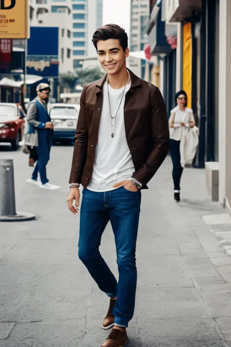 Age 25々Cool guy、What it's like to be a model、Chic and casual clothing、Delicate face、good looking、The hair color is brown、Brown eyes、Daytime on a sunny day、Cool standing figure、The scenery in the background is a cityscape、Live-action shooting style、high qua...