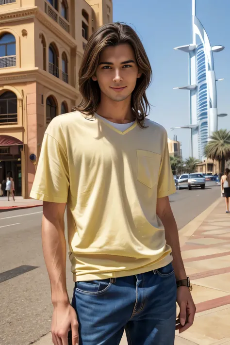 Age 25々Cool guy、What it's like to be a model、Chic and casual clothing、Delicate face、good looking、I am brunette、Brown eyes、Daytime on a sunny day、Cool standing figure、Downtown Dubai、Wealthy people々、Live-action shooting style、high quality 8k、Bright smile、Lik...