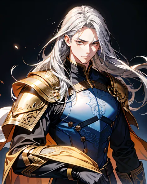  1 man, Appearance age is 30,  well-groomed ,  long hair, Grey Hair, Straight Hair,  golden eyes,  expressionless , blue western armor,  high resolution,  simple background, 