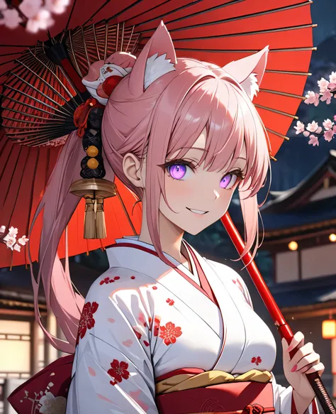 ((best quality)), ((masterpiece)), (detailed), (4k), (8K), 1girl,  Animé girl, beautiful, glowing face and skin,  medium breasts, make-up,  pink hair, long,  ponytail , pink cat ears,  purple eyes, (( white kimono with cherry blossom figures)).  intimidati...