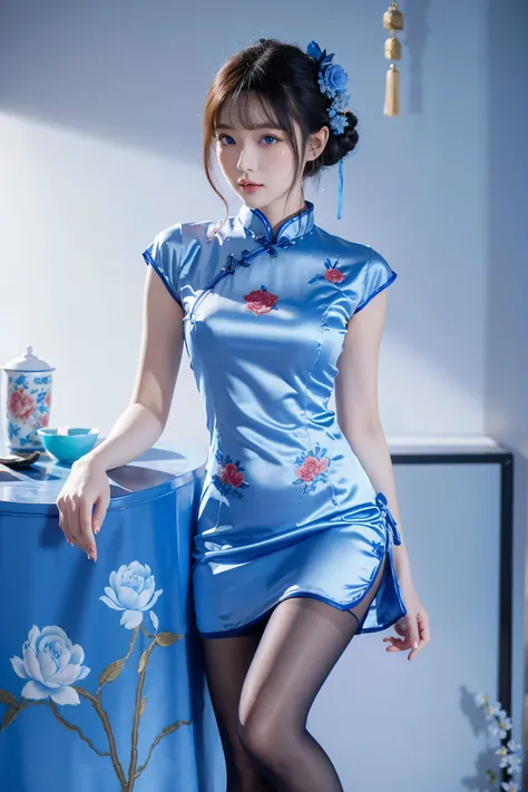 Cheongsam, 1 girl, blue bow, blue eyes, blue flowers, blue ribbon, blue rose, chest, Chinese clothing, Chinese clothing, dress, flower, gradient, gradient background, embroidered ball flower, looking at the audience, small chest, pantyhose, rose, single, t...