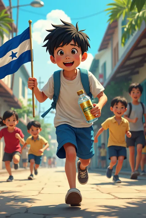  Create a cartoon of a Japanese chinitos of about 26 years old short hair ,  carrying a Honduran flag and a bottle of water with a transparent and gold label that says PREMIUM in blue, running with many school ren and a cameraman recording them , Let the b...