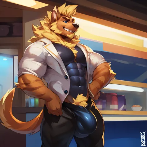 Solo, Anthro, male (((dachsbun, Pokémon, pokemorph, blue eyes, muscular, pecs, abs, thin waist, long snout, brown body, brown fur, orange fur, blonde fur, neck mane, blonde facial hair, brown hair, neck tuft, striped suit, black pants, big bulge))) standin...