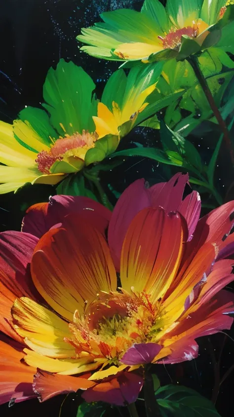 a close up of a colorful flower with leaves on it, a digital painting by Android Jones, trending on behance, abstract art, colorful digital painting, vibrant digital painting, colorful digital art, colourful digital art, beautiful color art!, beautiful dig...