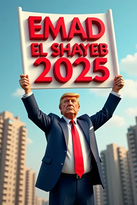 A real picture of President Trump raising a banner written in bold 3D "Emad El Shayeb 2025" In the background, high-rise residential towers appear