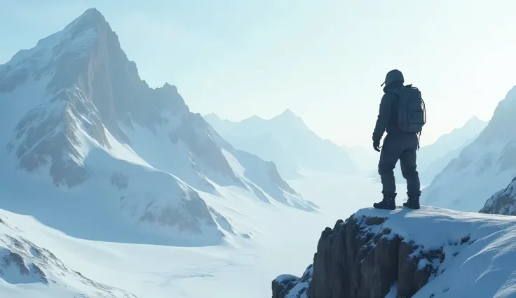 A lone figure stands on a snowy mountain peak, looking out over the vast, unforgiving wilderness. In ultra realistic, cinematic style.