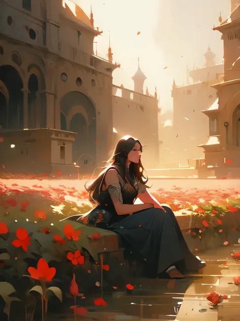 painting of a knight sitting in a field of red flowers, fallen knight, painting of a knight, gothic knight, fantasy knight, medieval fantasy art, pino daeni and dan mumford, silvain sarrailh, andreas rocha and john howe, medieval dark fantasy, old - school...