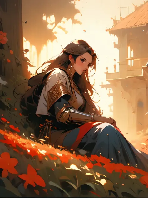 painting of a knight sitting in a field of red flowers, fallen knight, painting of a knight, gothic knight, fantasy knight, medieval fantasy art, pino daeni and dan mumford, silvain sarrailh, andreas rocha and john howe, medieval dark fantasy, old - school...