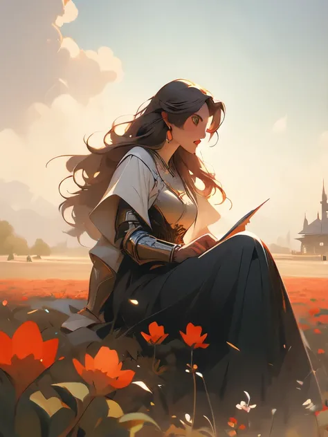 painting of a knight sitting in a field of red flowers, concept art by Donato Giancola, Artstation contest winner, fantasy art, fallen knight, painting of a knight, gothic knight, fantasy knight, medieval fantasy art, pino daeni and dan mumford, silvain sa...