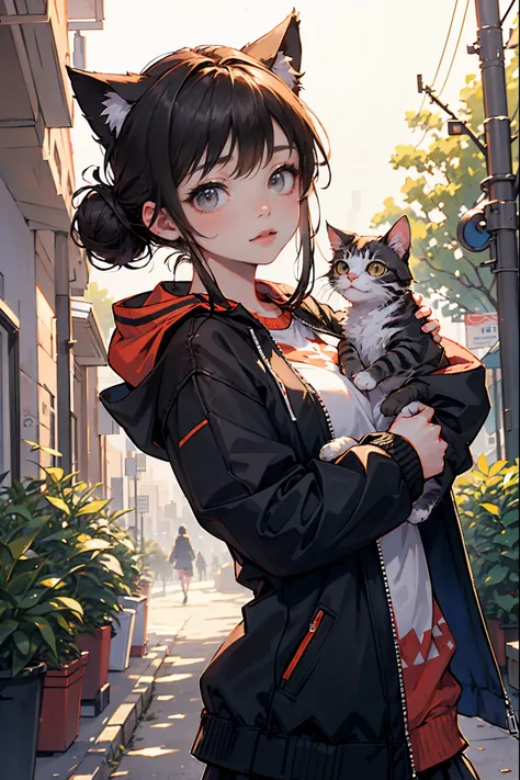 1girl, long eyelashes, messy low bun black hair, black eyes, cat ears on the top of her head,random clothes,modern city street setting, morning, soft natural lighting, trees,facing the viewer, dynamic pose, upper half body portrait.